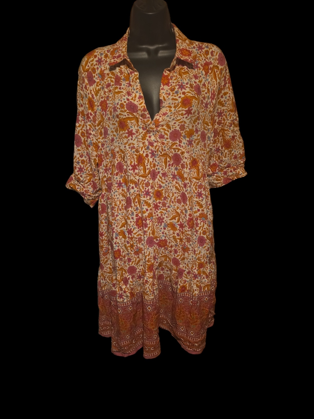 Natural Life Boho Floral Button-Front Tunic Dress in Rust & Cream